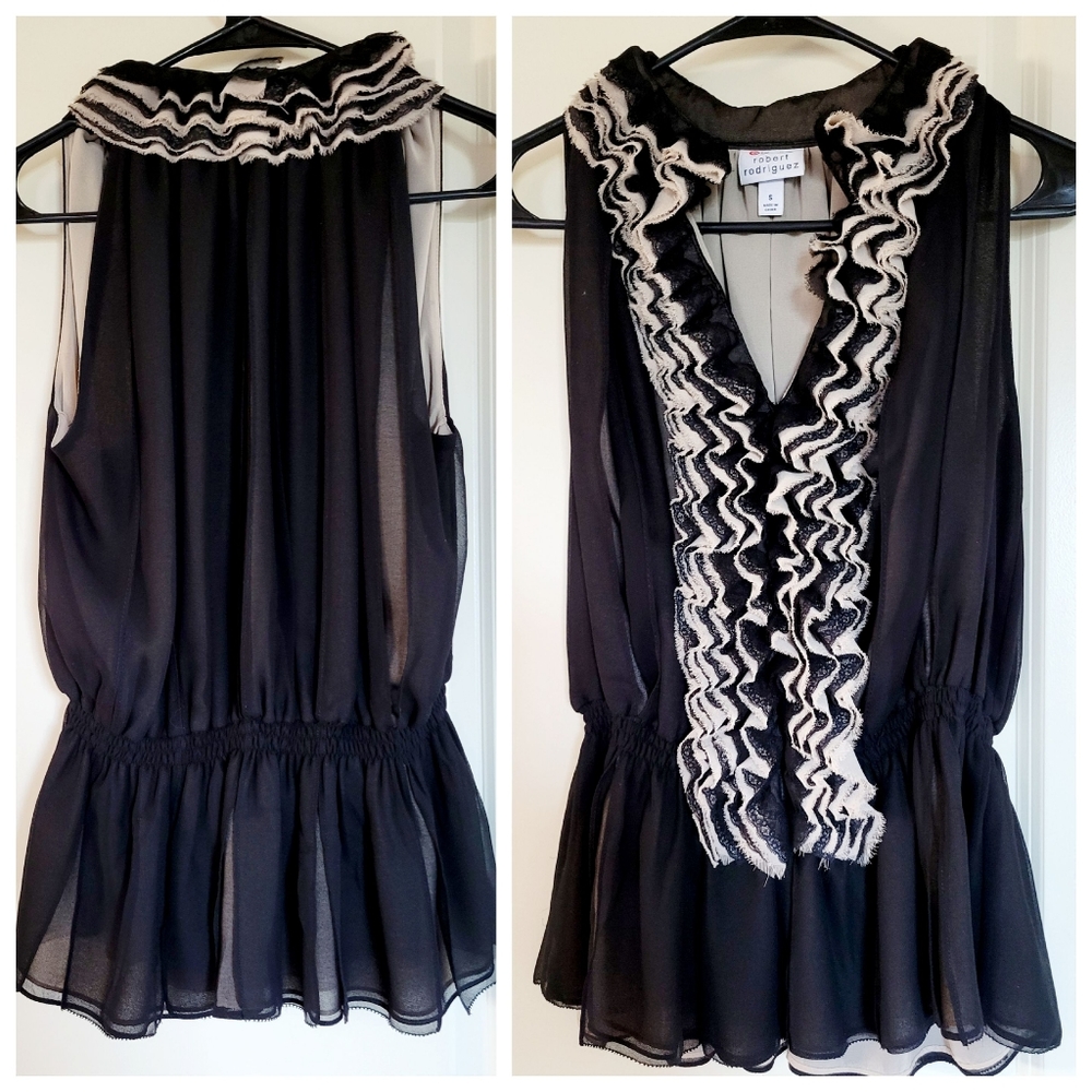 Neiman Marcus Fluffy Sleeveless Mesh Blouse, Small, Black and Tan